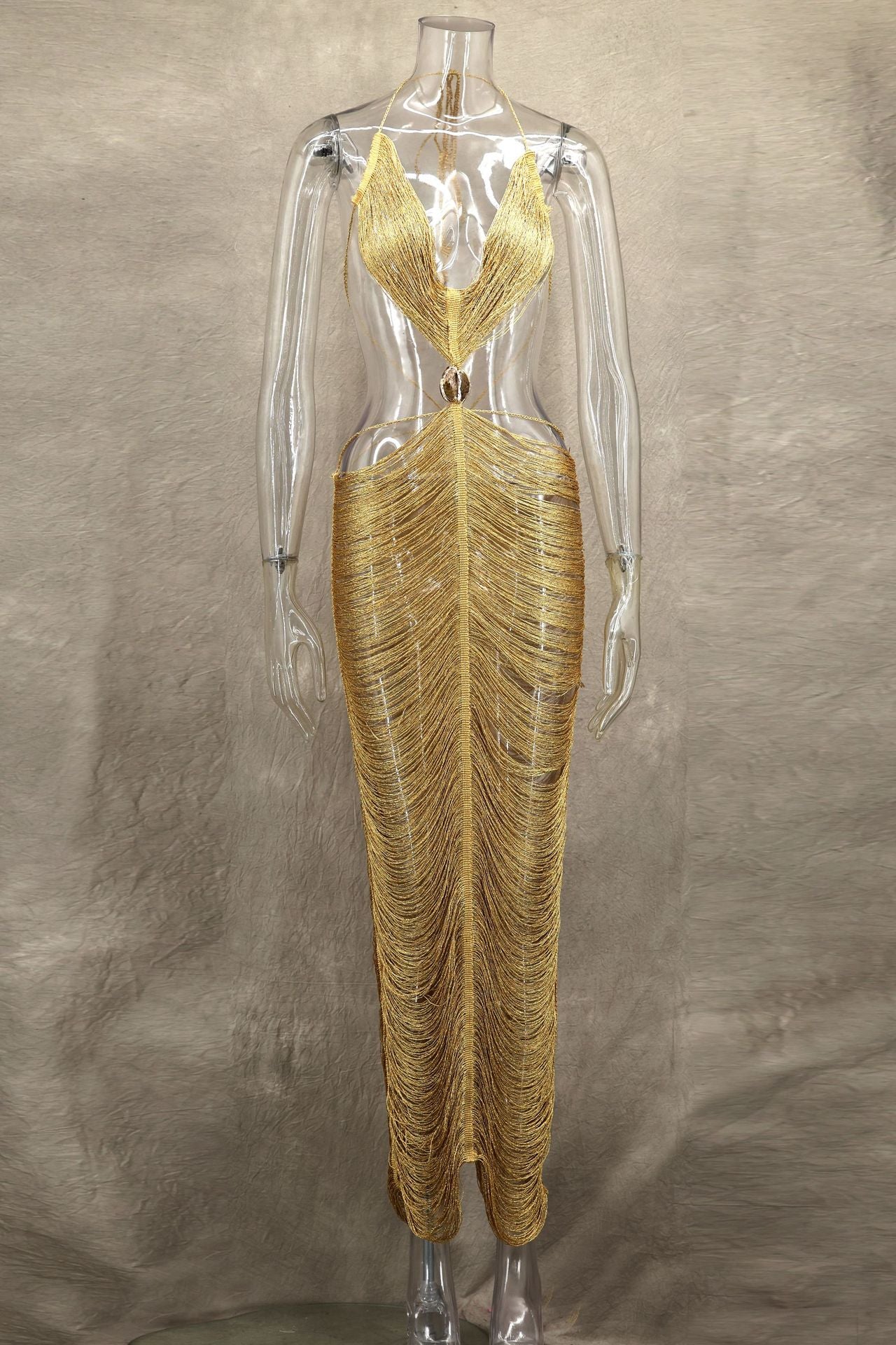 Spring Summer Fashion Shell Tassel Halter Neck Lace Up Sexy Slimming Adjustable Long Dress 7