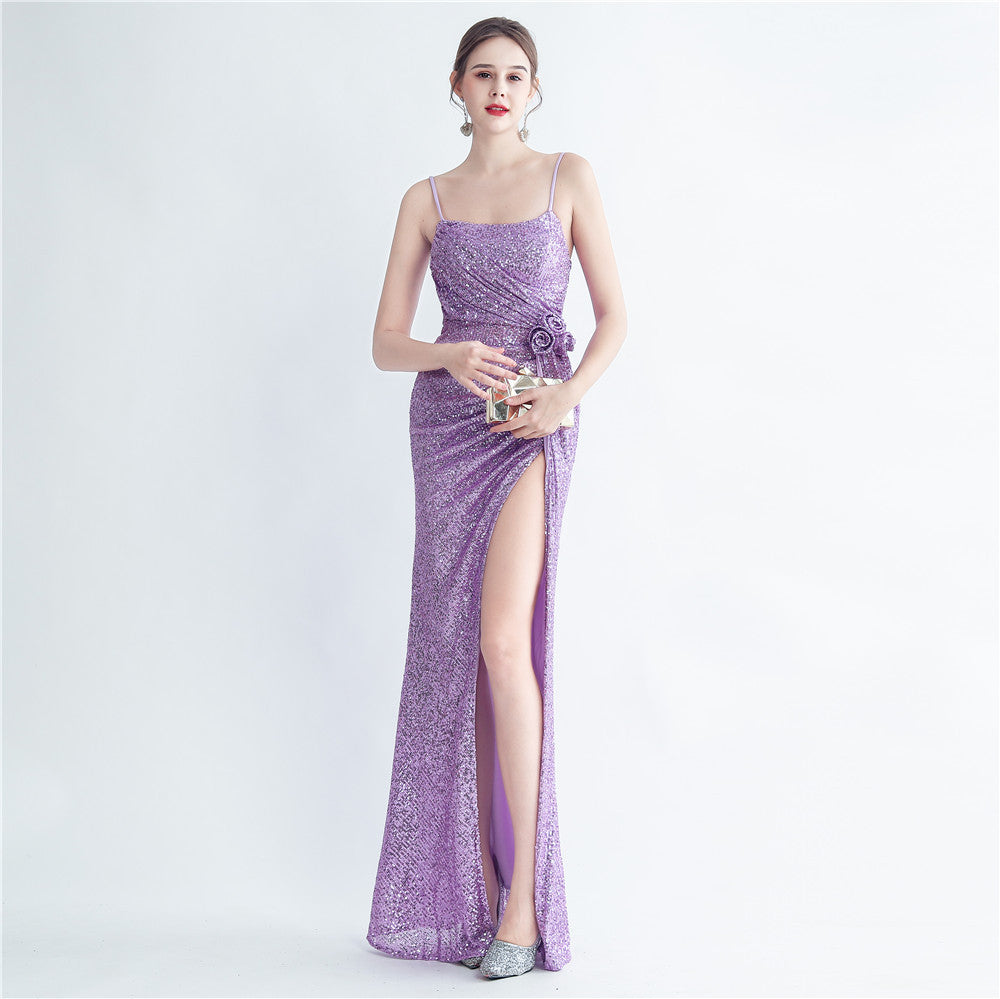 Fashion Pleated Sequin Flower Slit Elegant Straps Evening Dress