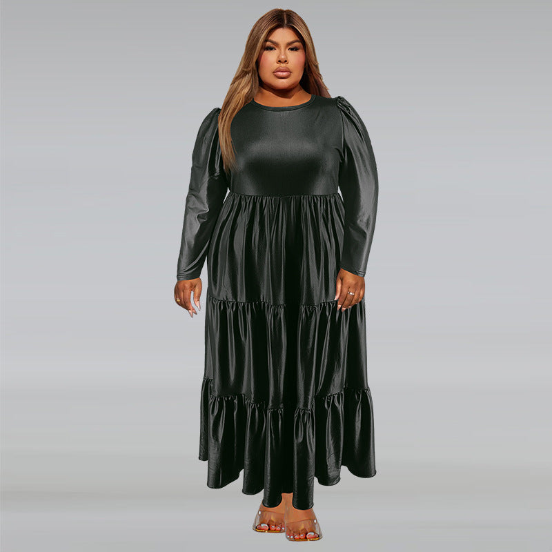 Plus Size Women Pu-Leather Round Neck Long Sleeve Cake Dress 3