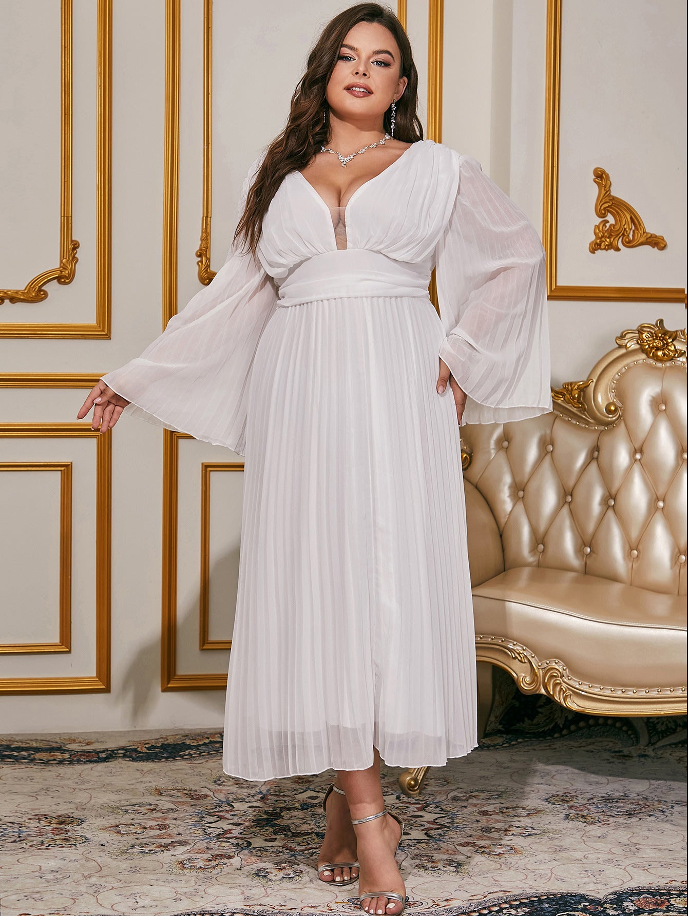 Plus Size Women Pleated V Neck Long Sleeve Chiffon Dress 7