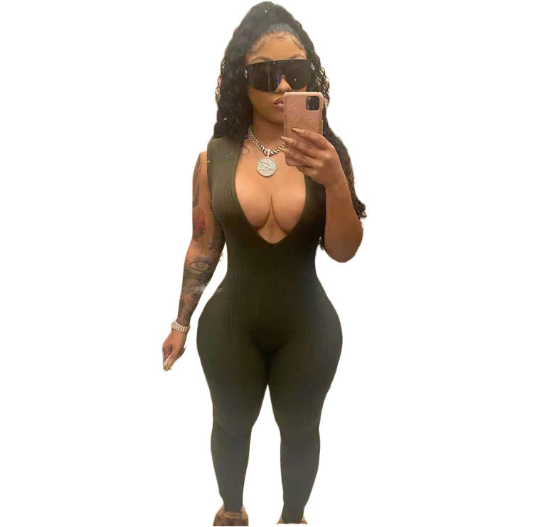 Solid Color Sexy Deep V-Neck Low-Cut Tight Fitting Women's Jumpsuit 9