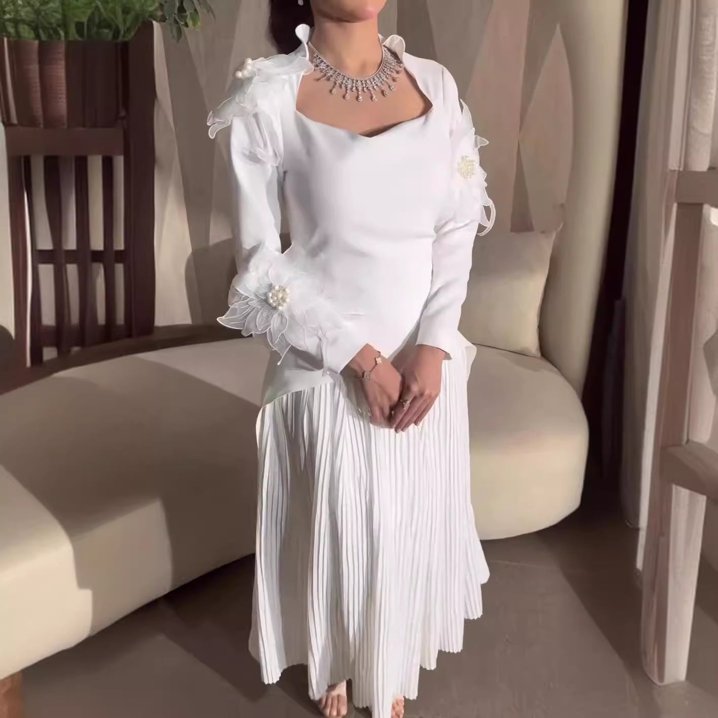 Women Solid Floral Long Sleeve Elegant Maxi Dress 4