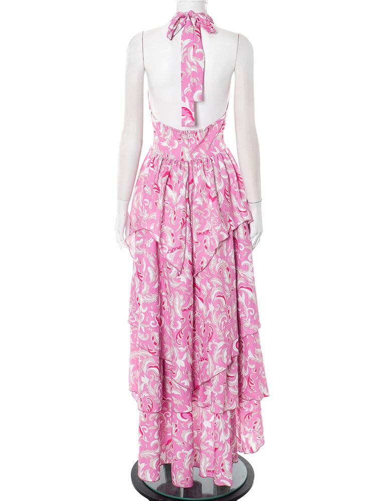 Women Sleeveless Halter Neck Backless Printed Ruffle Dress 6