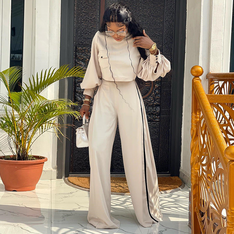 Plus Size Women Fall Loose Half High Neck Long Sleeve Top and Wide Leg Pants Casual Two-piece Set 5