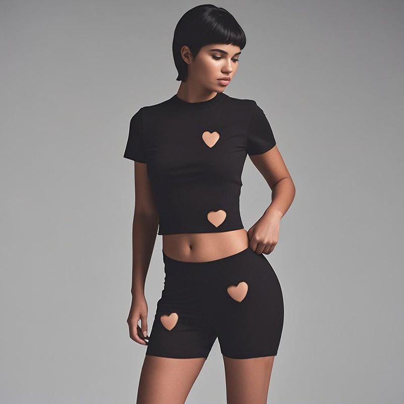 Women summer Style Heart Print hollow Solid sleeveless vest shorts two-piece set 4