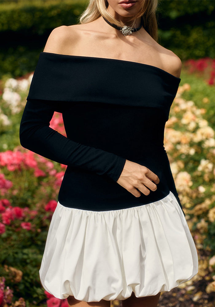 Autumn Casual Off Shoulder Color Matching Long Sleeve A-Line Women Short Dress