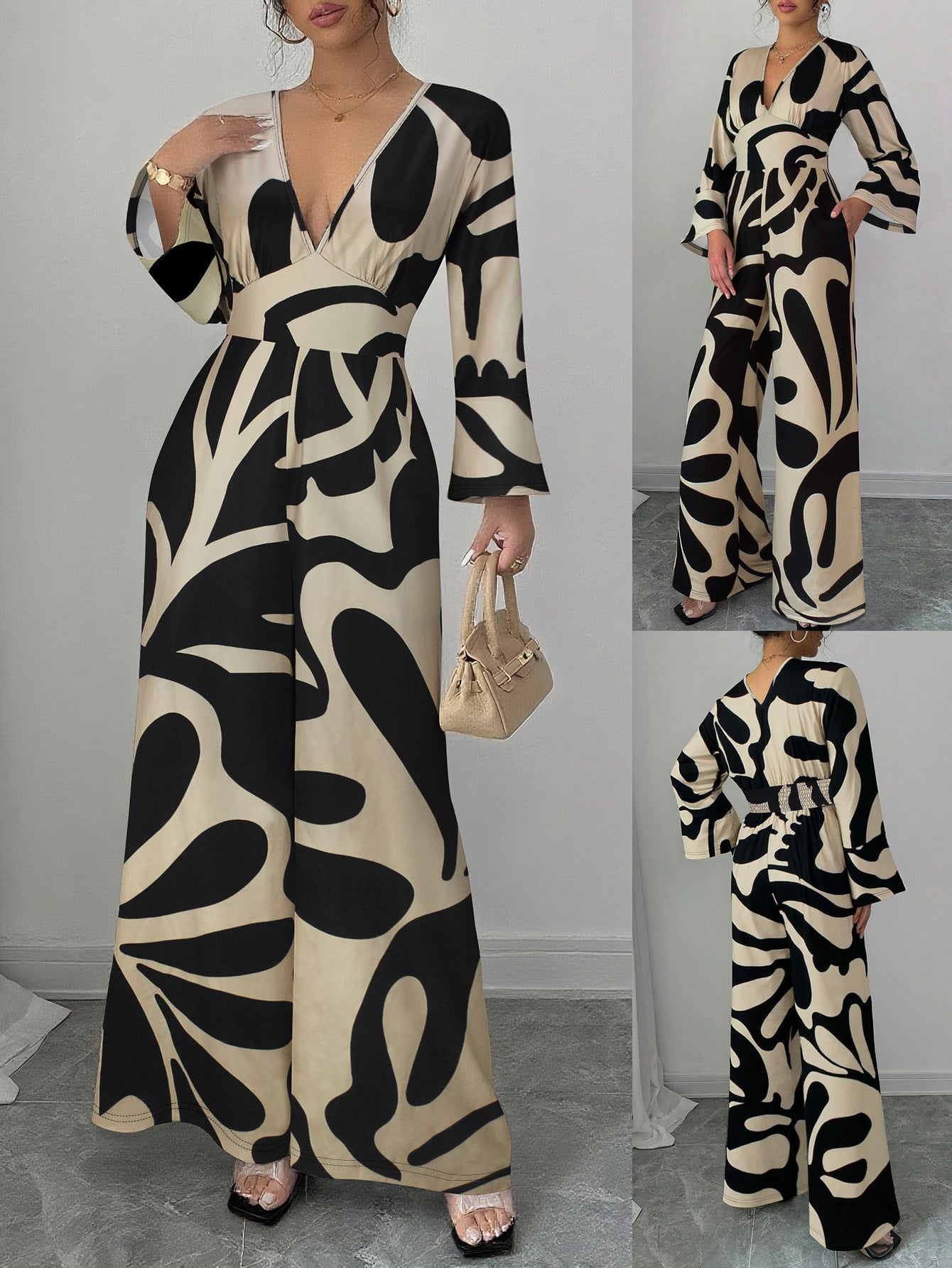Women Elegant V-Neck Long-Sleeved Jumpsuit 3