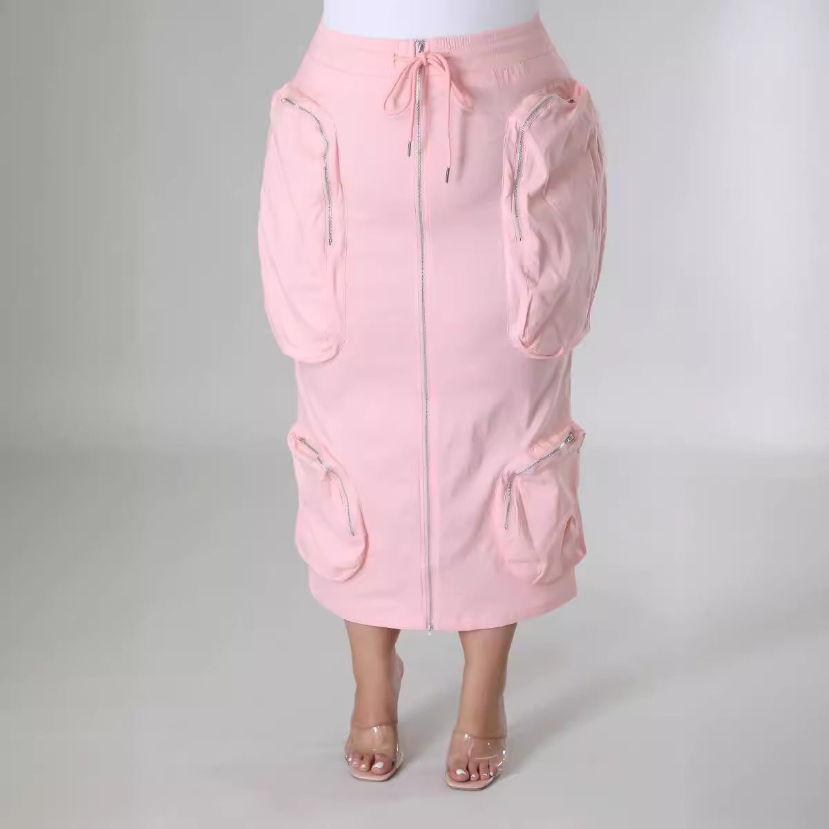 Plus Size Women Waist Cord Zipper Cargo Skirt 12