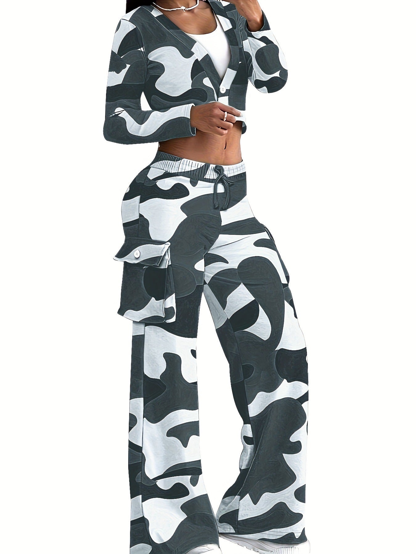 Women Camo Print Casual Sexy Crop Top and Pants Two-piece Set 7