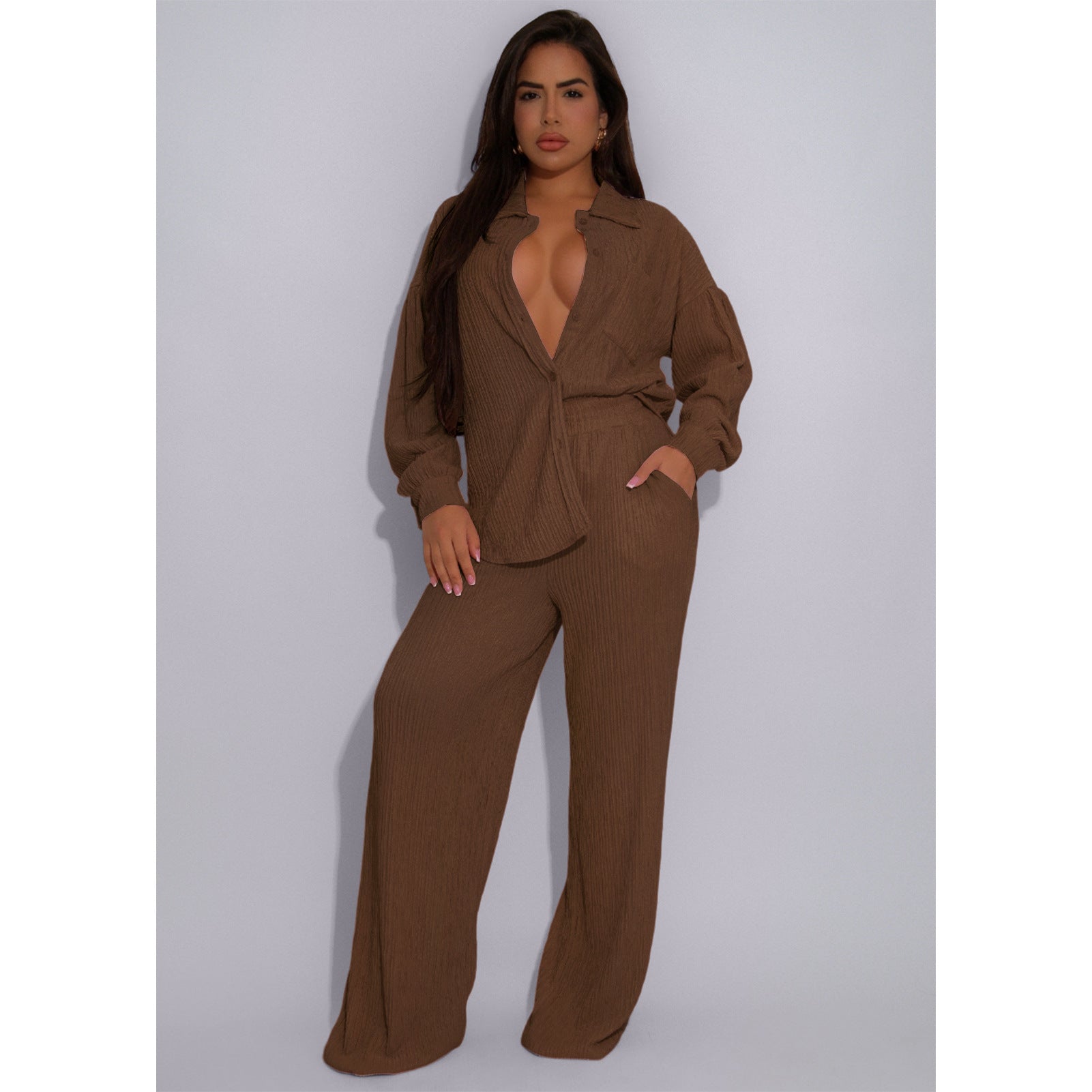 Women Crumpled Lace-Up Top and Pocket Wide Leg Pants Two Piece Set 5