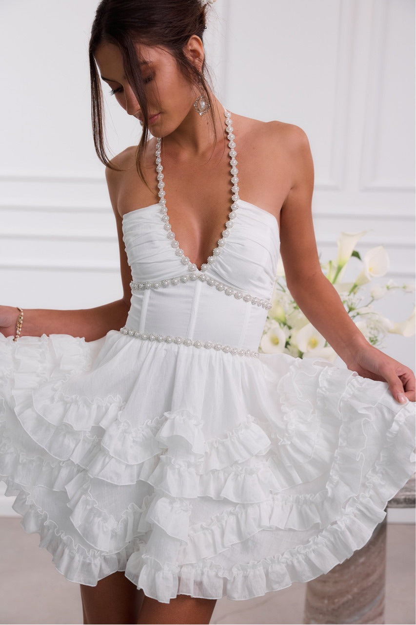 Women French Sexy Lace-Up Halter Neck White Dress