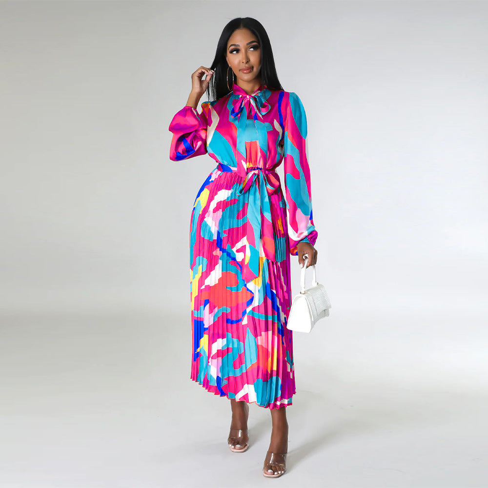 Women's Tie Long Sleeve Printed Pleated Dress 23