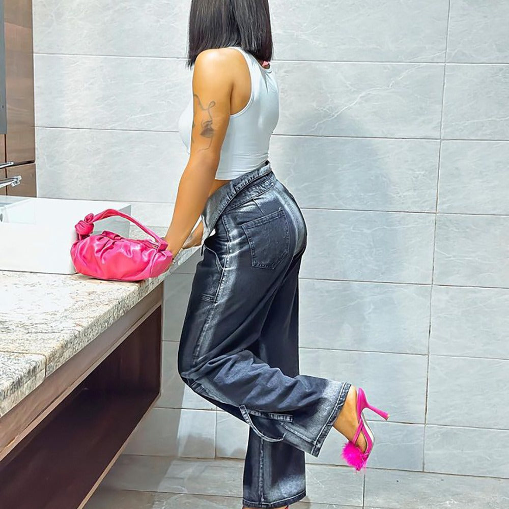 Women Vintage High Waist Denim Loose Straight Pants 5