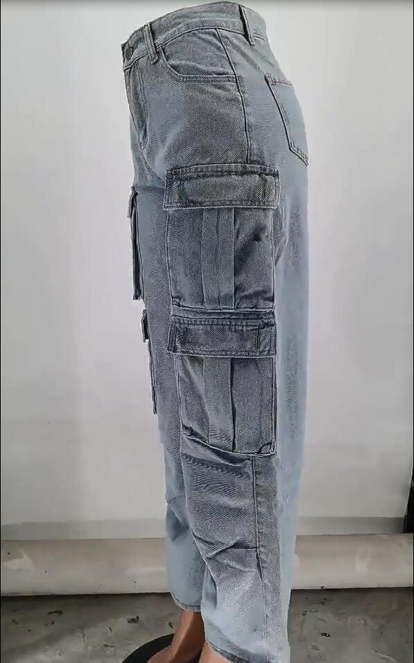 Pocket Cargo Washed Denim Pants Wide Leg Women Jeans 8