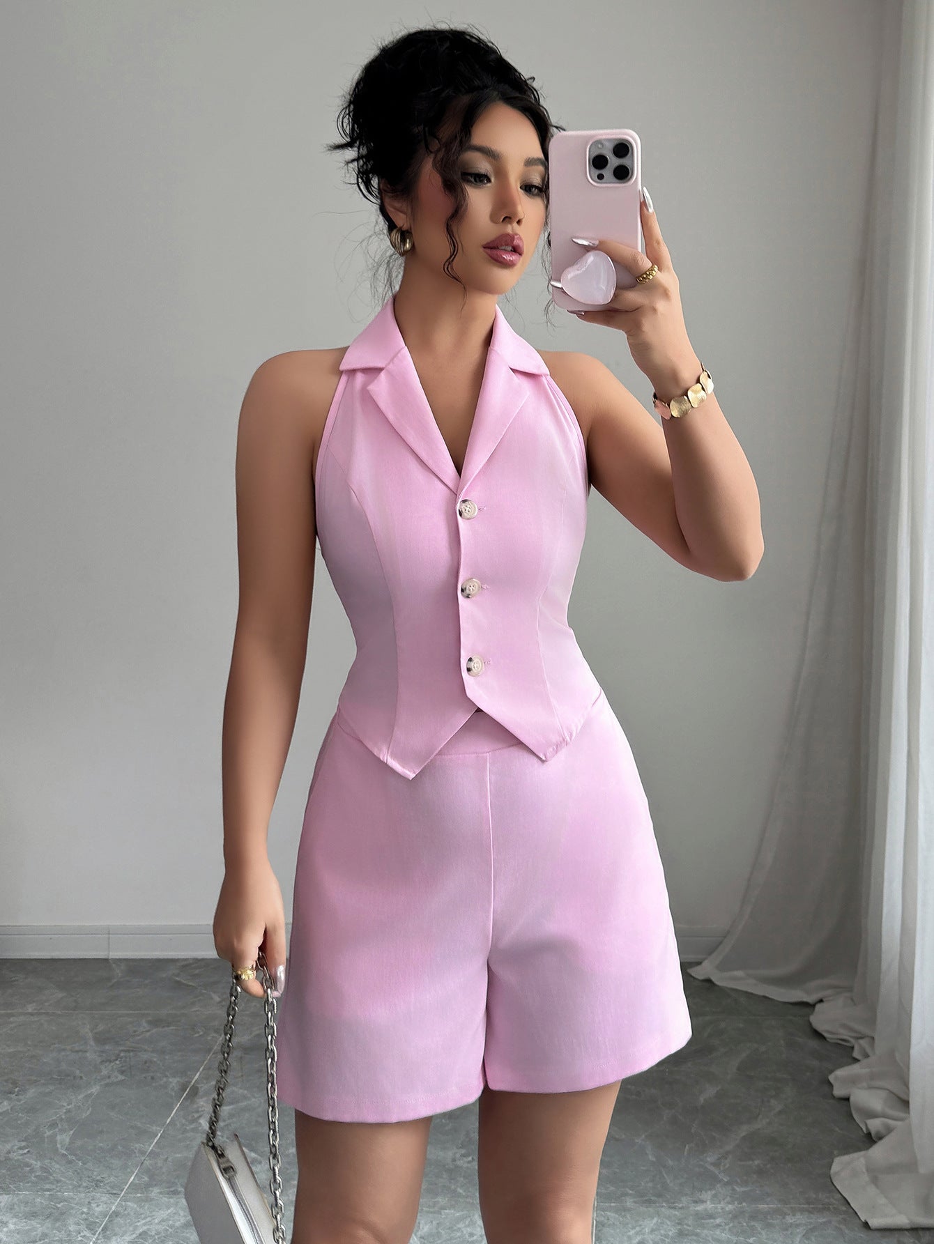 Women Elegant Button Solid Top and Shorts Two-piece Set 4