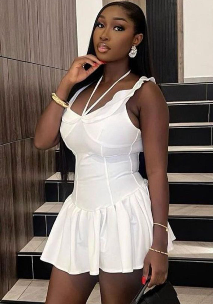 Women V-neck Lace-Up Ruffle Edge Off-shoulder Backless Solid Dress