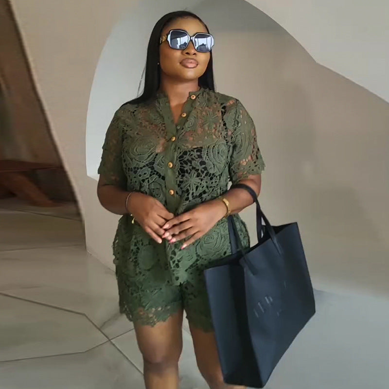 Women's Summer Lace Stand-Collar Short-Sleeve High-Waist Two-Piece Shorts Set 6