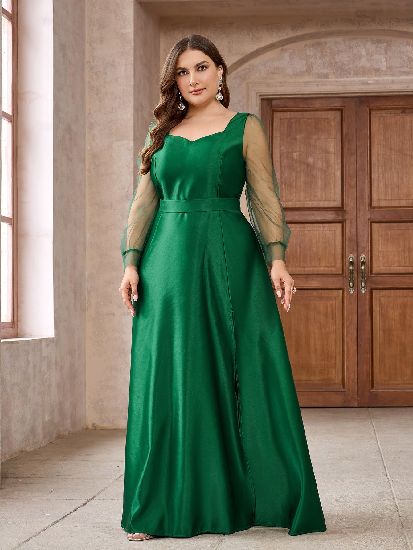 Autumn Winter Plus Size Dress Satin Long Sleeve Square Neck Party Wedding Long Dress 4