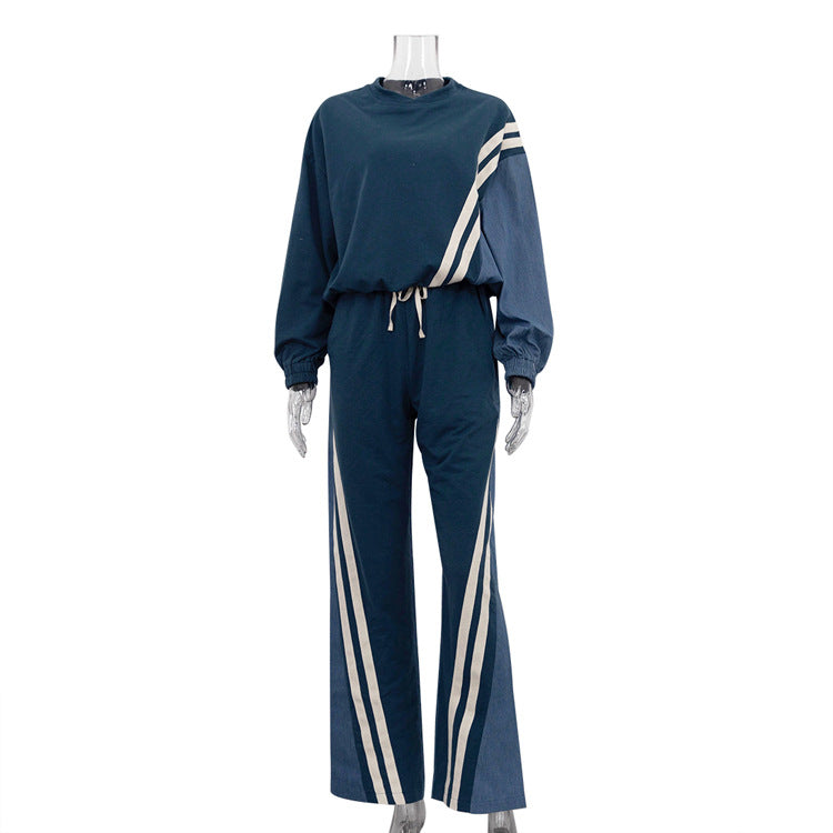 Women American sports style contrast striped top and trousers Two Piece Set 9