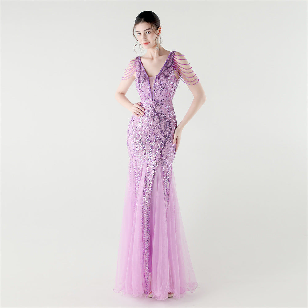 V-Neck Off-Shoulder Mesh Swing Luxury Slim Sequined Evening Dress 15