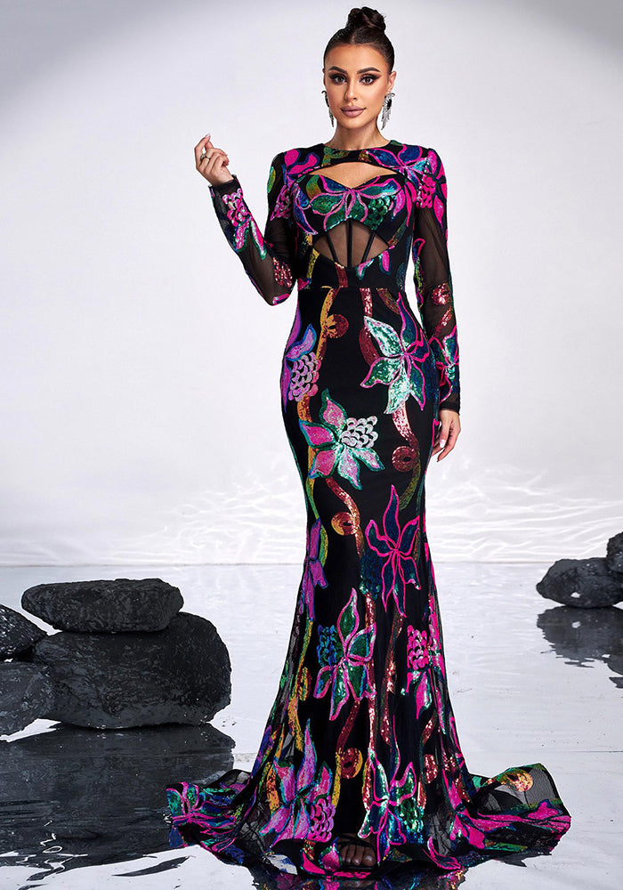 Women long-sleeved Round Neck sexy hollow sequin Formal Party Maxi fishtail evening dress