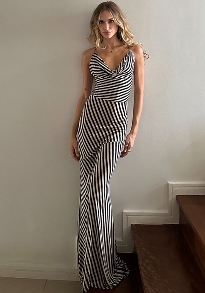 Women Suspender Pocket Neck Sexy Backless Striped Dress