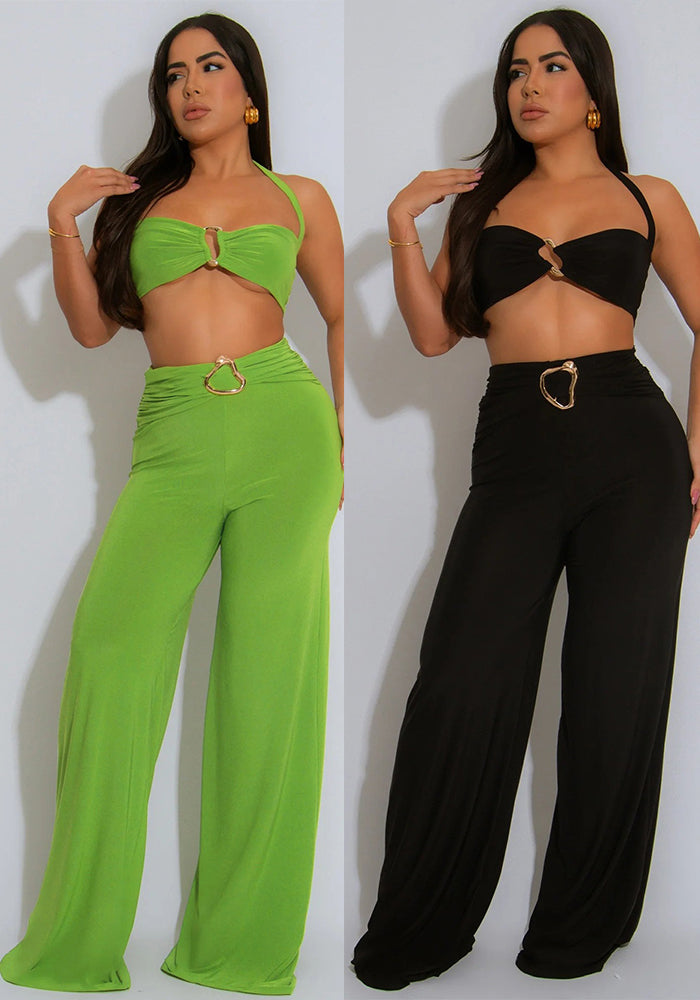 Women Summer Decorative Button Solid Sexy Halter Neck Top and Long Skirt Two-Piece Set