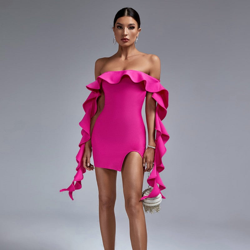 Women Summer Solid Sleeveless Off Shoulder Ruffle Edge Slit Dress