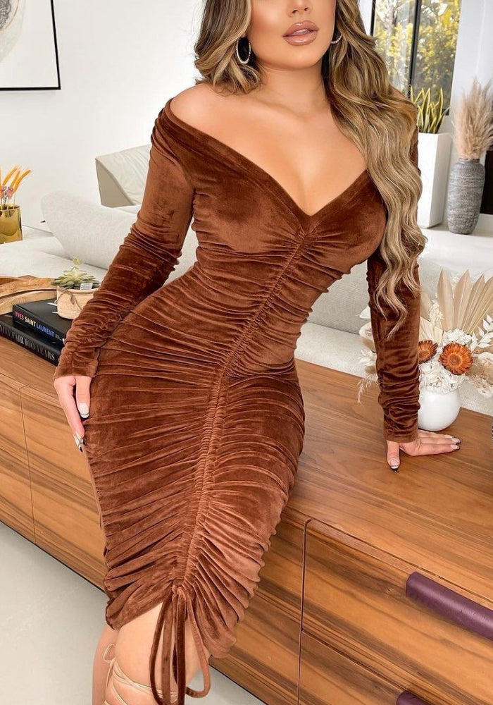 Women Sexy V-Neck Off Shoulder Velvet Pleated Midi Dress