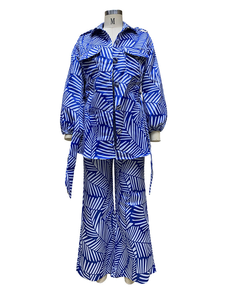Spring Women's Printed Blouse Belt Button Top Straight Leg Trousers Set 12
