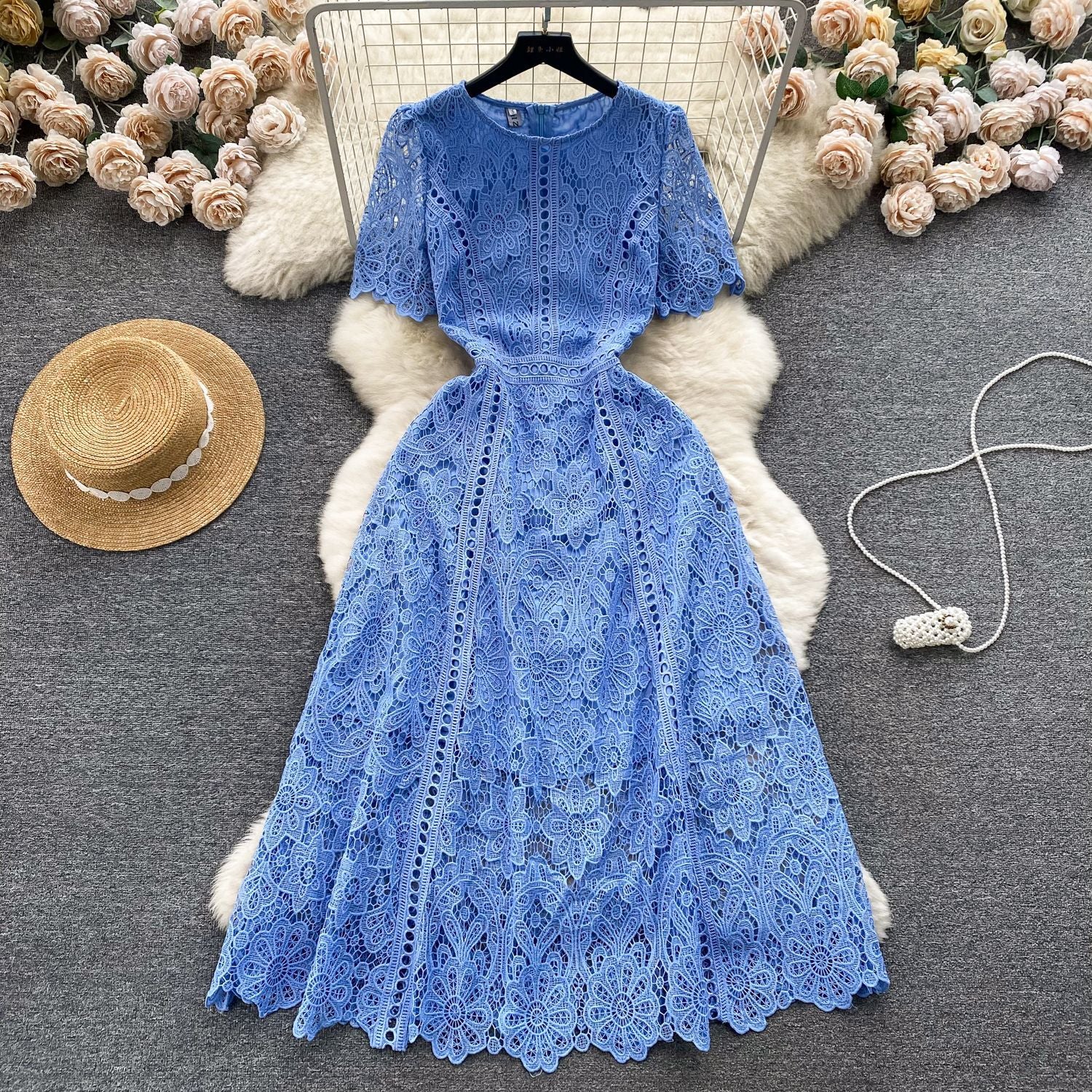 Round Neck Ruffle Sleeve Lace Dress Women's Summer Slim Fit Chic Elegant Gown 9