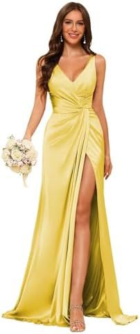 Women's Strap V-Neck Bridesmaid Dress Sleeveless Satin High Slit Prom Dress（Processing time need 3-6 days） 17