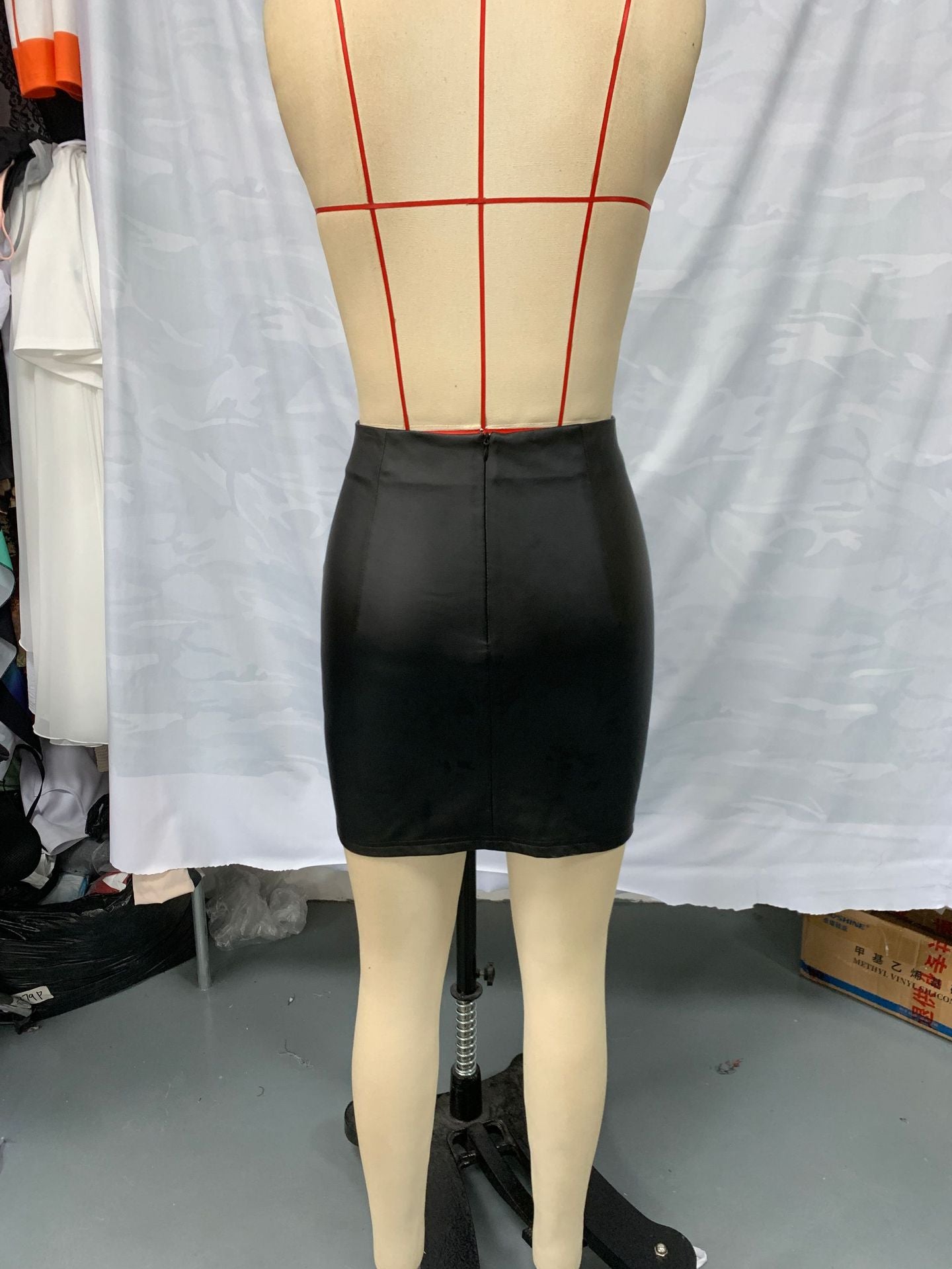 Women Lace-Up Bottom Slit Pu Leather Bodycon Skirt 7