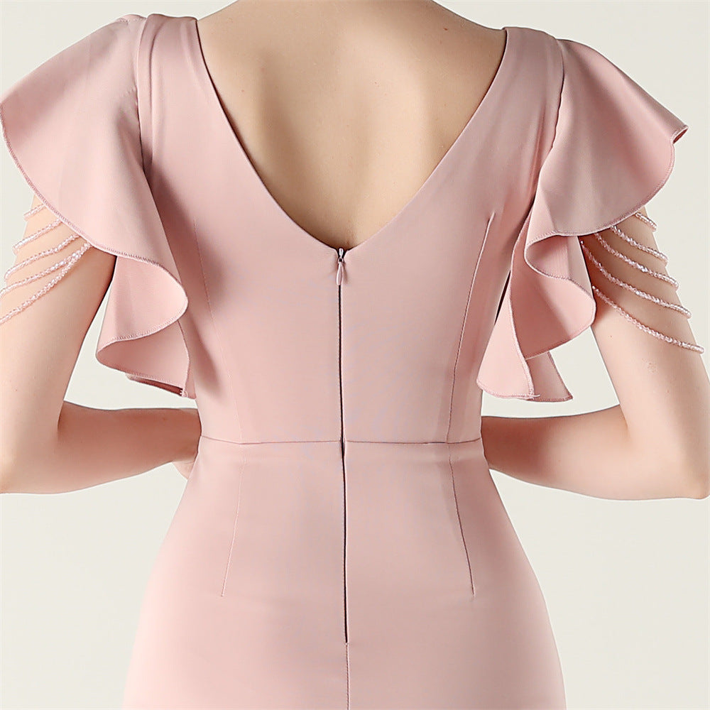 Women beaded tube V neck ruffle draped bead chain bead formal party evening dress 16