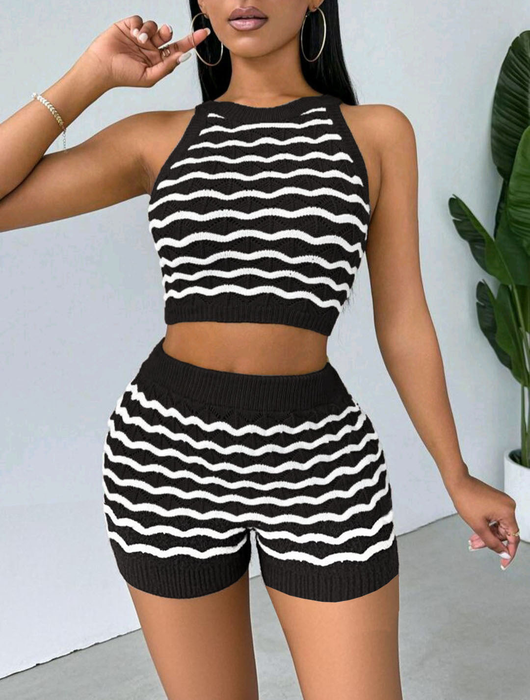 Women Casual Sweater Top and Shorts Two-piece Set 3