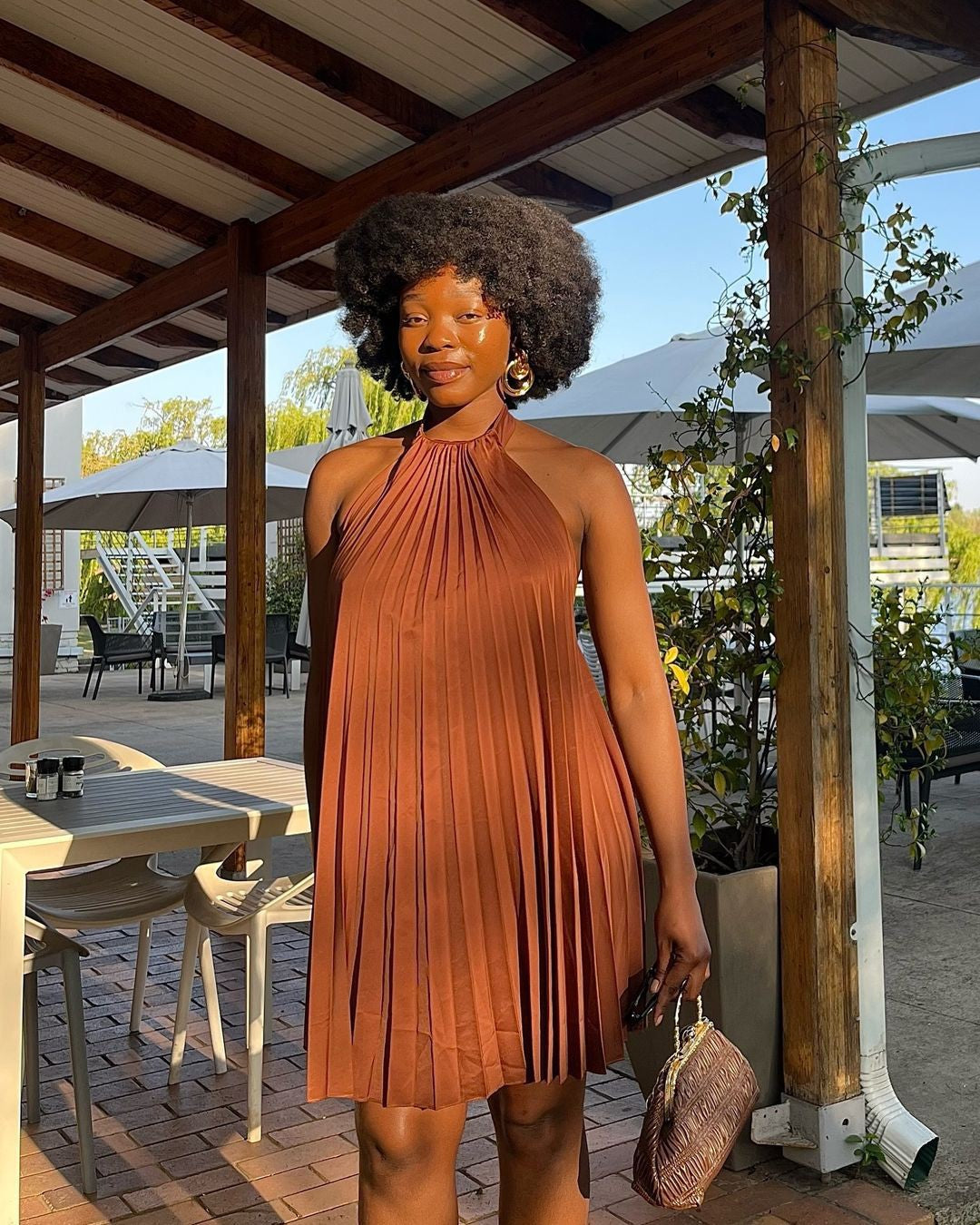 African Women Solid Color Pleated Short Dress