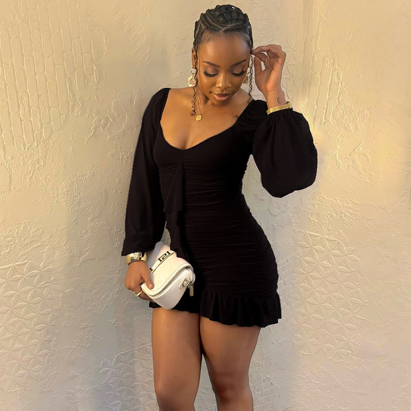 Loose Pleated U Neck Low Back Long Sleeve Dress Casual Comfort 3