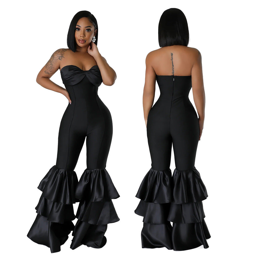 Women sexy Strapless Solid pleated lace Jumpsuit