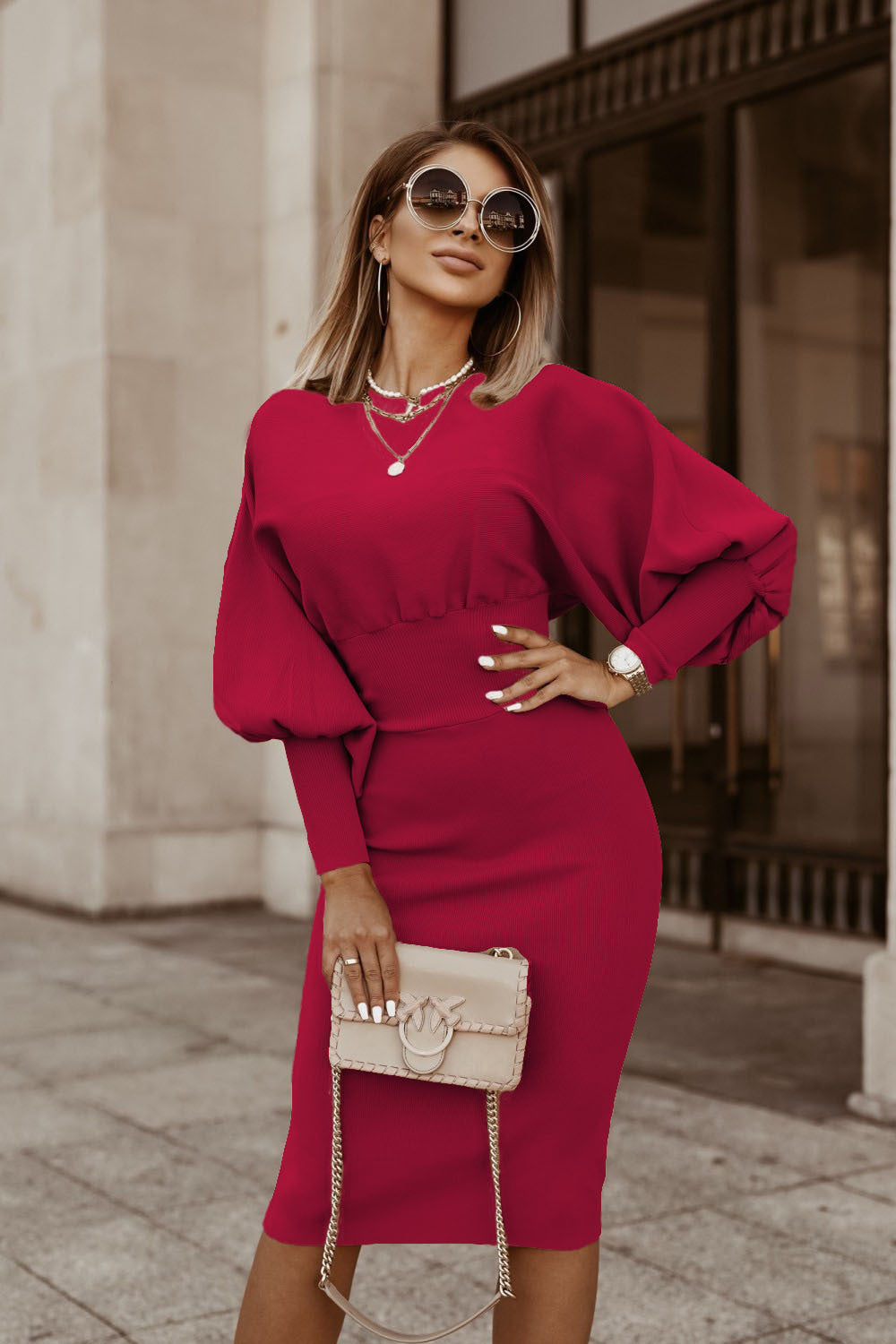 Autumn And Winter Women'S Solid Color Lantern Sleeves Slim Waist Midi Bodycon Dress 10