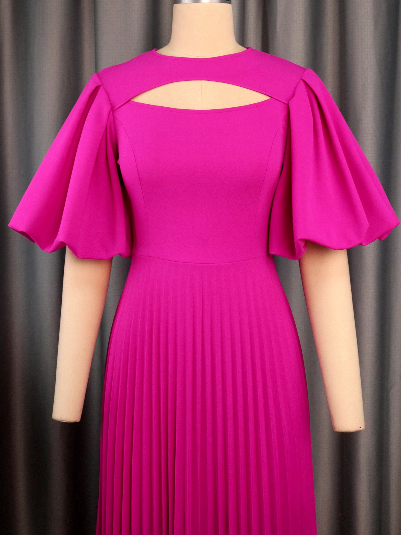 Women Balloon Sleeve Cutout Pleated Skirt 12