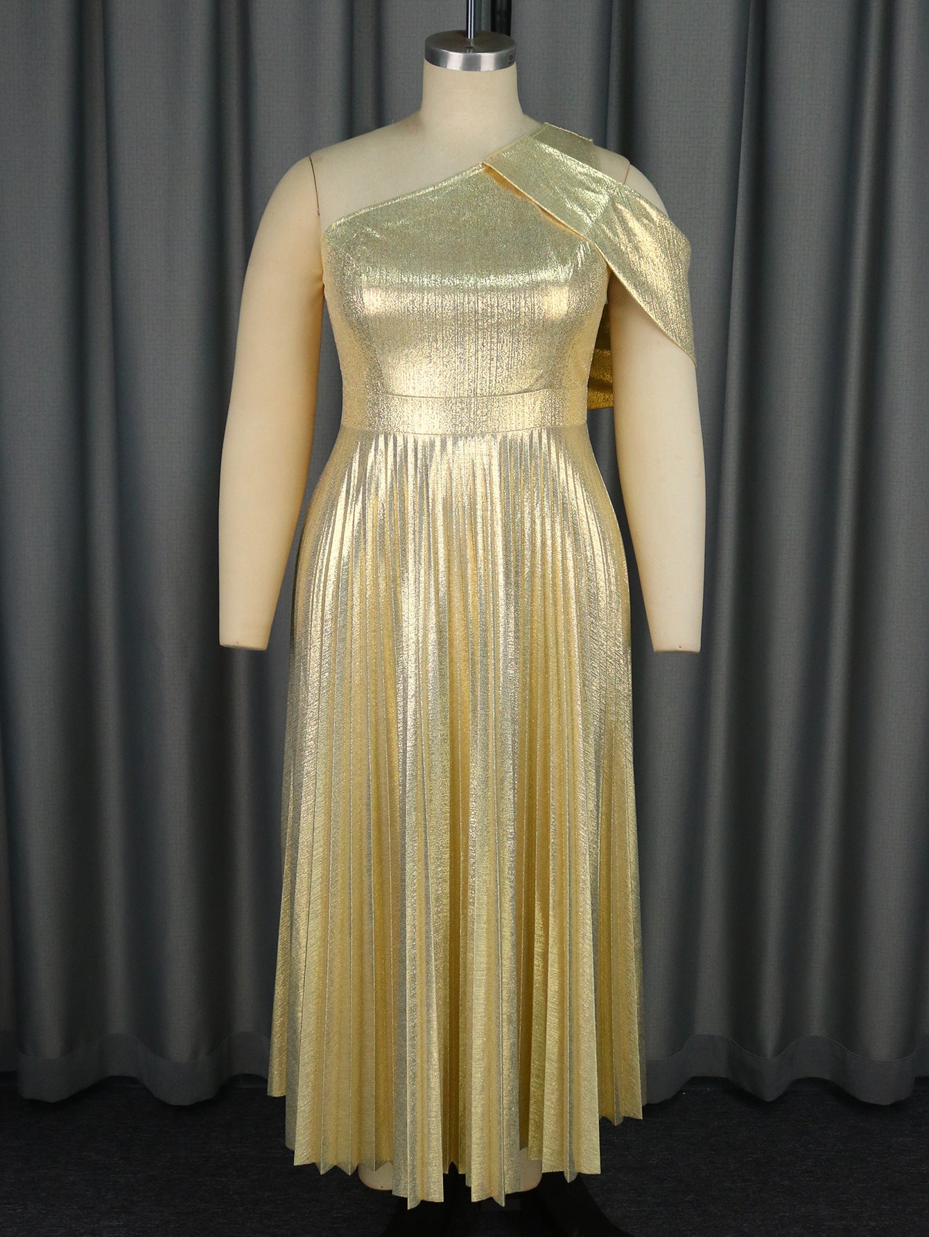 Summer Elegant One Shoulder Sleeveless Gold Pleated Formal Party Dress 3