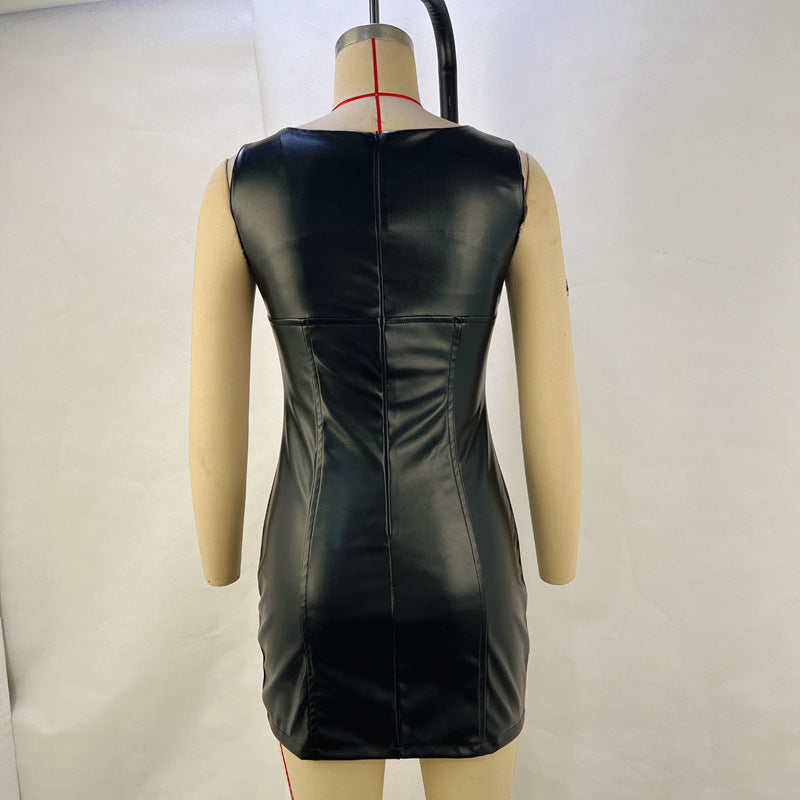 Women Spring Summer pu-Leather Sleeveless Bodycon Dress 11