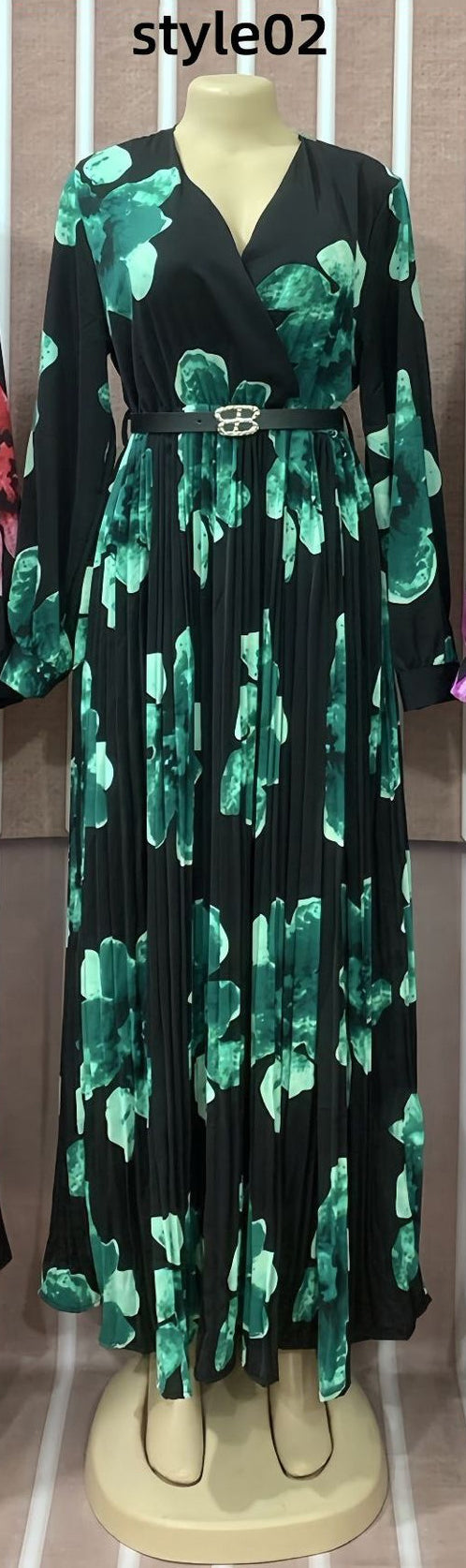 African Women Printed V-neck Long Sleeve Chiffon Dress with Belt 3