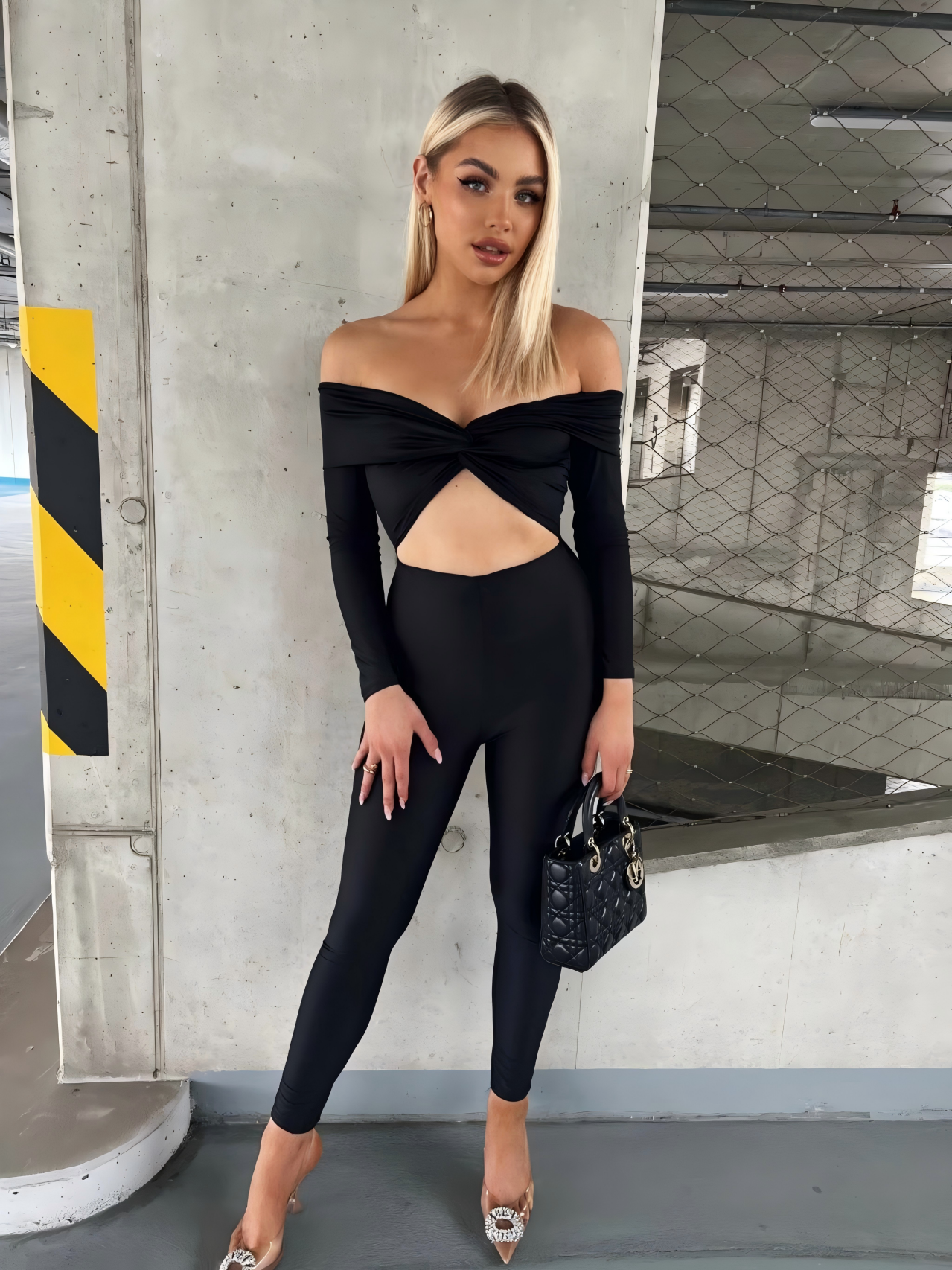 Sexy Women's Solid Color Off Shoulder Hollow Long Sleeve Tight Slim Jumpsuit