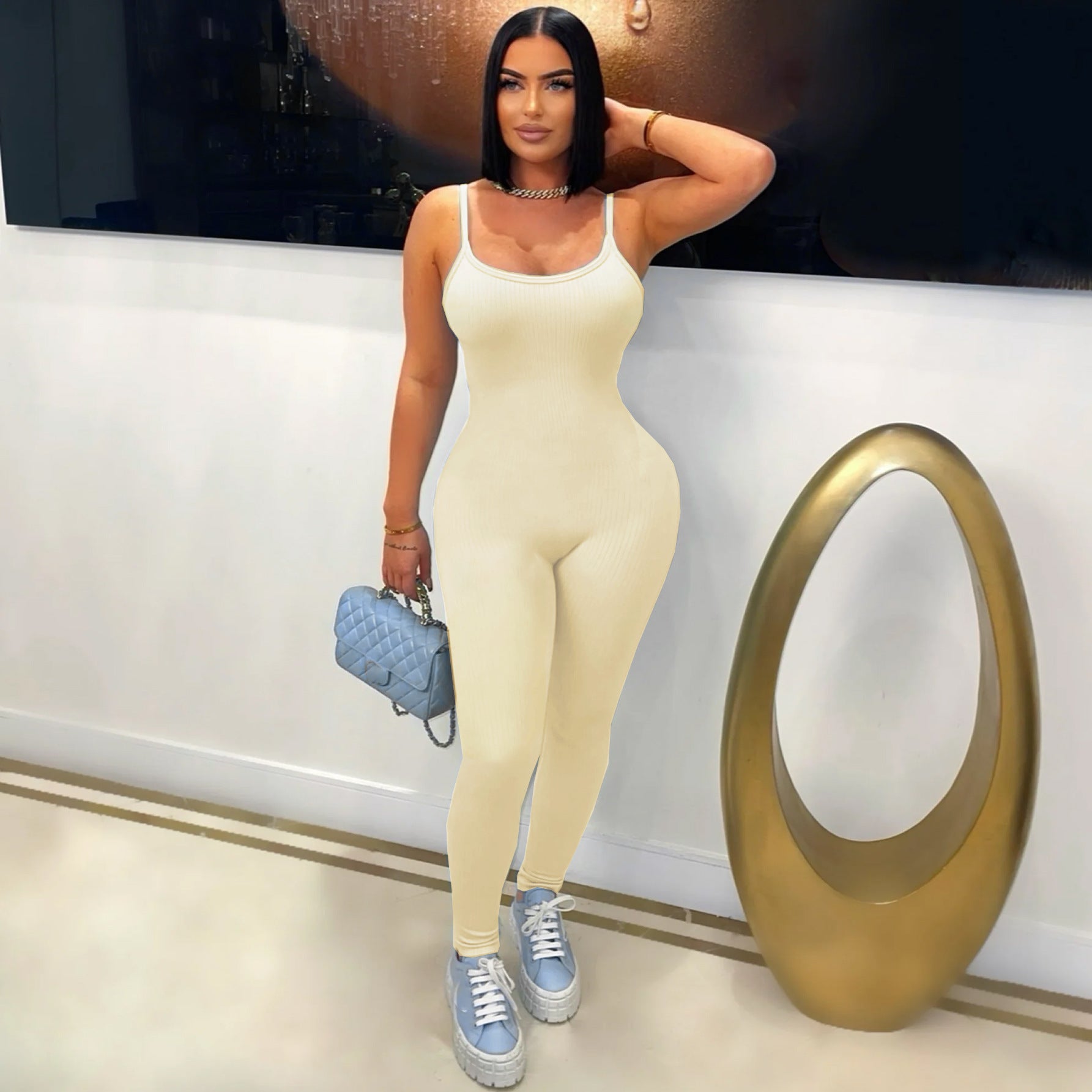 Summer Women Outdoor Wear Comfortable Ribbed Suspenders Low Back Butt Lift Tight Fitting Jumpsuit 9