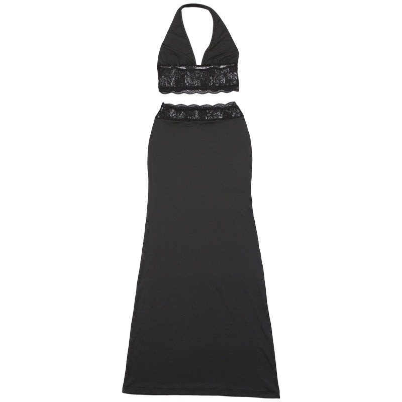 Spring Summer sexy Halter Neck Low Back Lace strap Vest high waist Long skirt fashion two piece set for women 8