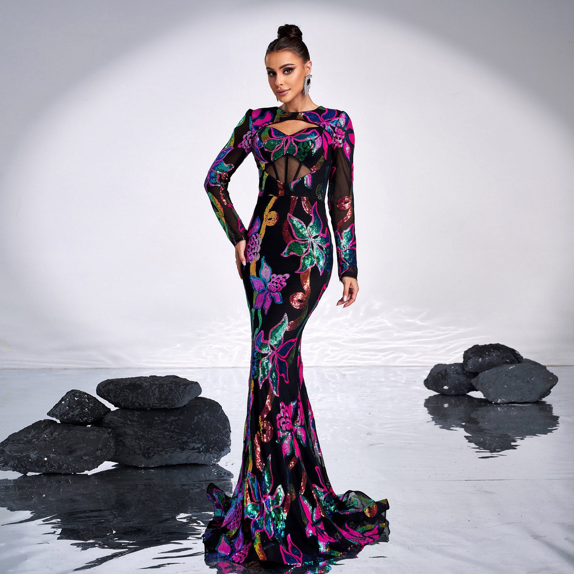 Women long-sleeved Round Neck sexy hollow sequin Formal Party Maxi fishtail evening dress 6