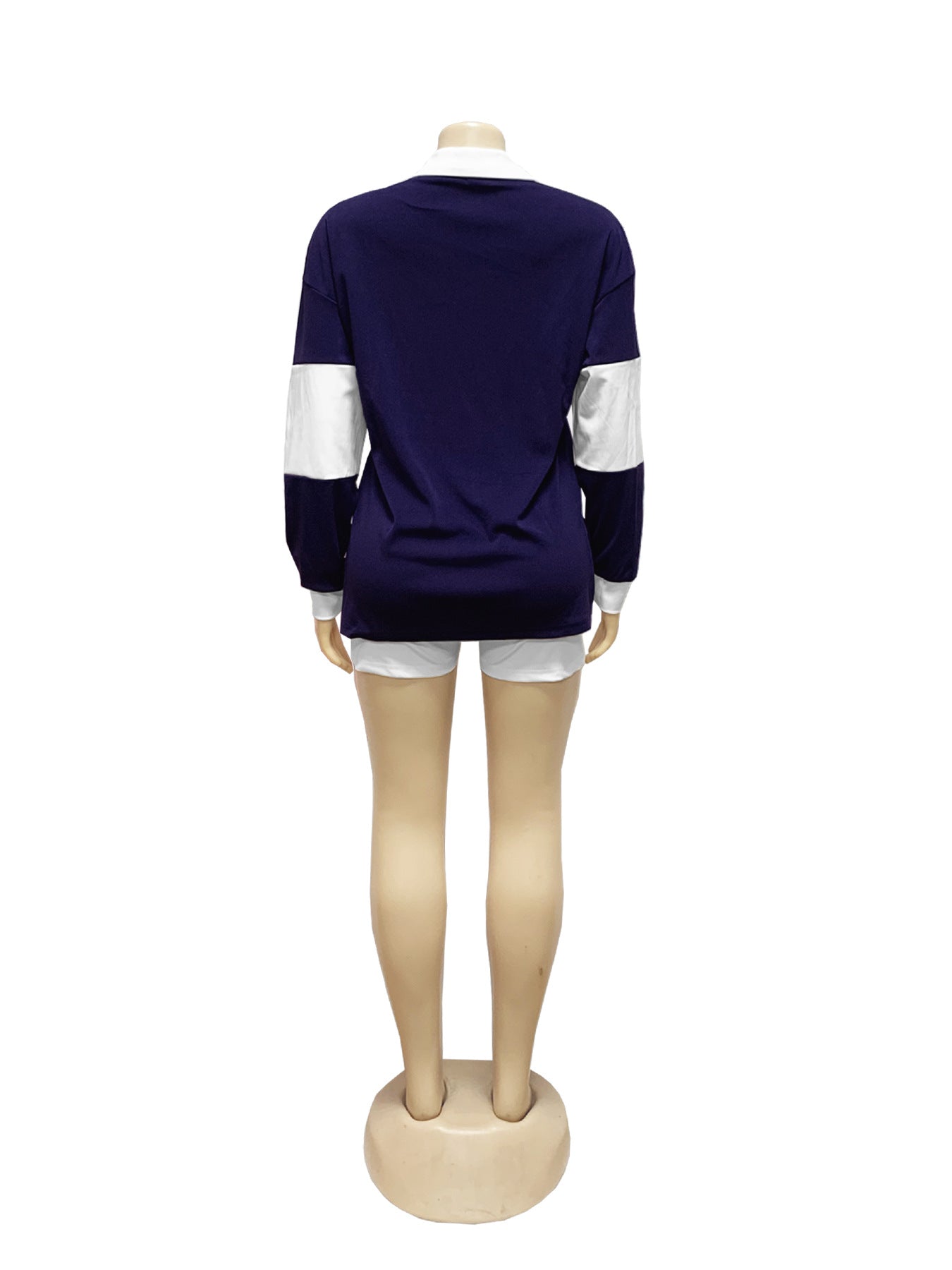 Women's Contrast Color Long Sleeve Polo Shirt Spring Summer Turndown Collar Solid Color Shorts Set 11