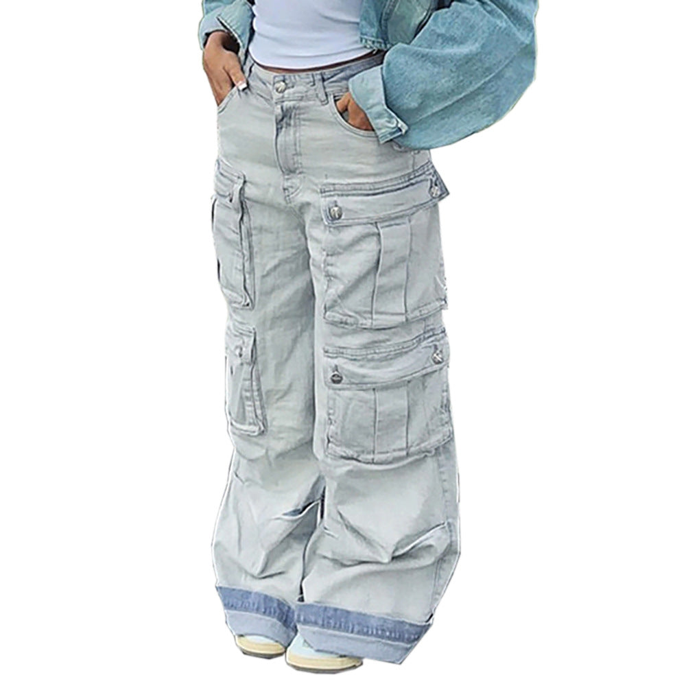 Women American Fashion Retro Cargo Denim Straight Pants 6