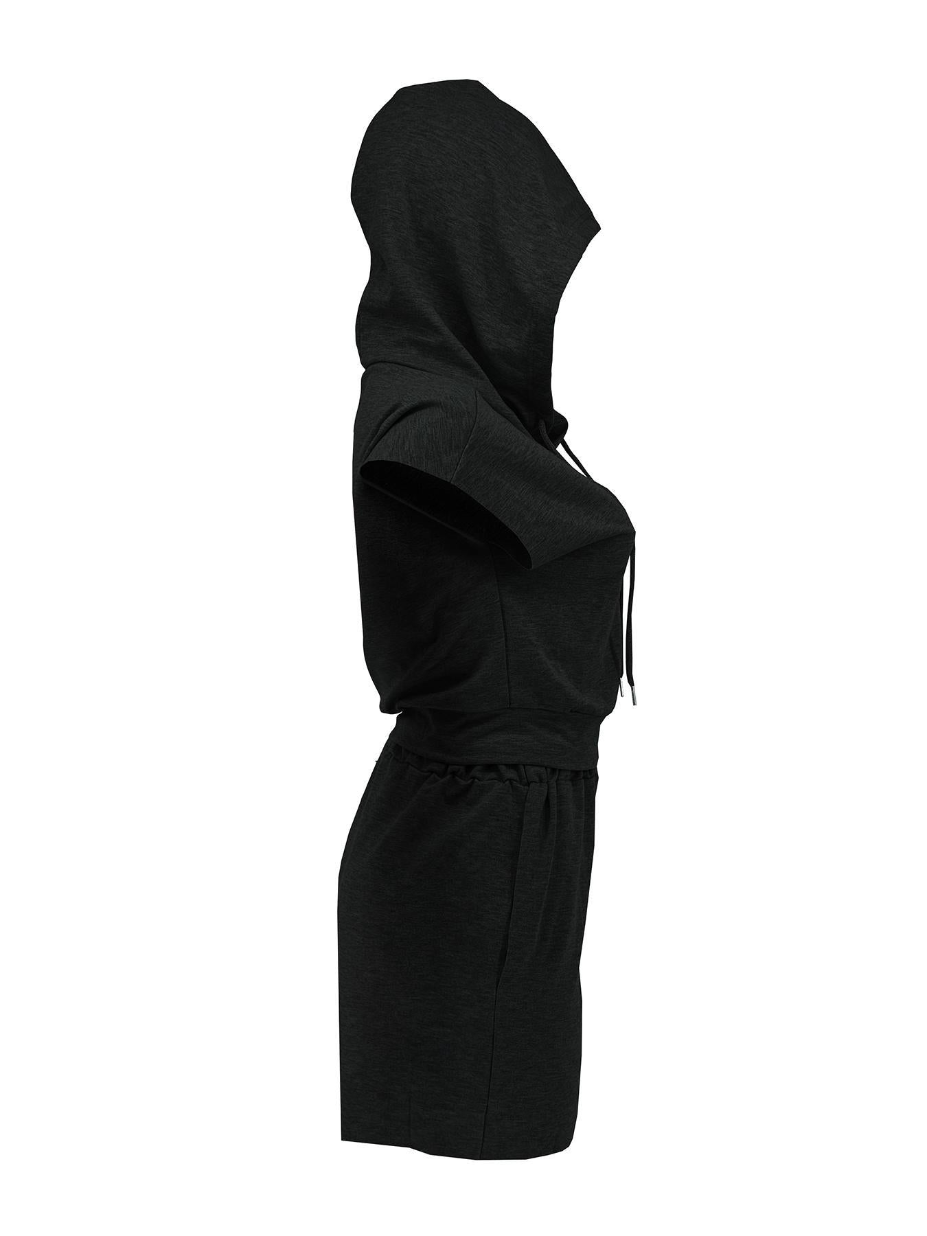 Women Summer Hooded Pocket Sports Solid Top and Shorts Casual Two-piece Set 11